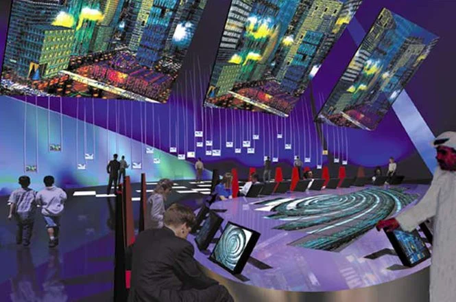 Futuristic control room with multiple large screens displaying city landscapes, people working at consoles, and a circular digital floor with a city map, at the Staten Island Institute for Arts & Science