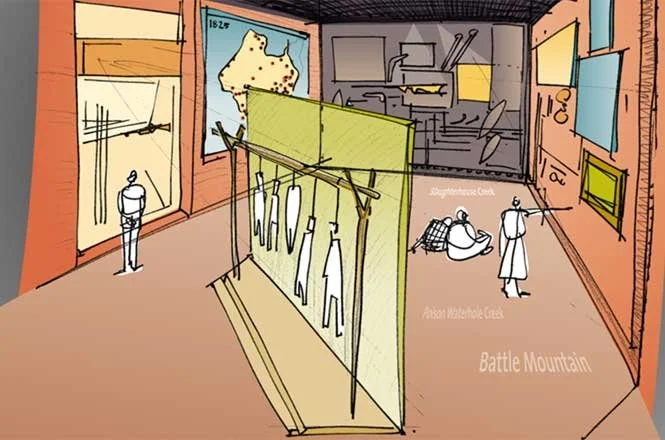 Illustration of a museum or historical display with mannequins dressed in clothing, a framed map on the wall, and an enclosed area in the background showing a museum room with artifacts and displays.