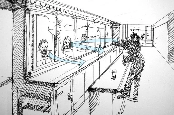 Sketch of a bar with a counter, two people sitting on the other side, and one person standing behind the counter at the Tenement Museum's Schneider's sSaloon.