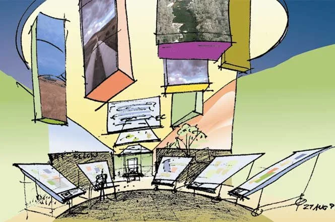 At the National Museum of Australia, a colorful, abstract drawing of an art gallery with various paintings and artworks on the walls and stands, viewed from a curved perspective.