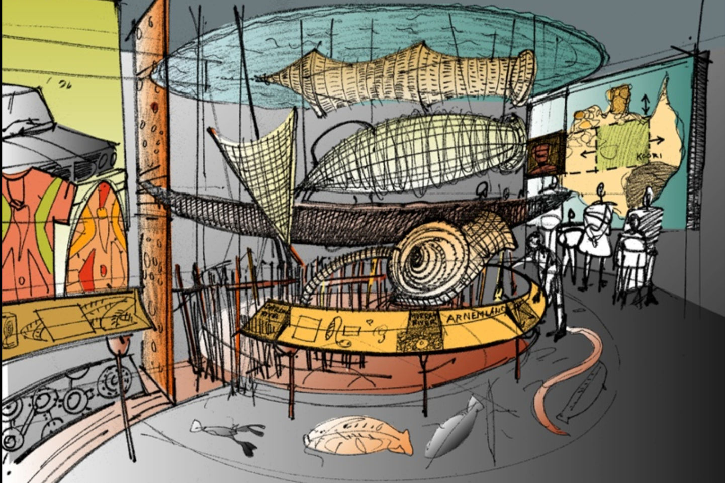 At the National Museum of Australia, a Sketch of an indoor aquarium exhibit featuring a large fish tank with various fish and sea creatures, informational displays, and visitors observing.