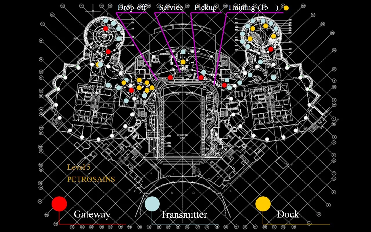 Each square is 5M per side in this floor plate that highlights ARIF interaction locations. The Center occupied two such floors and included administrative offices.