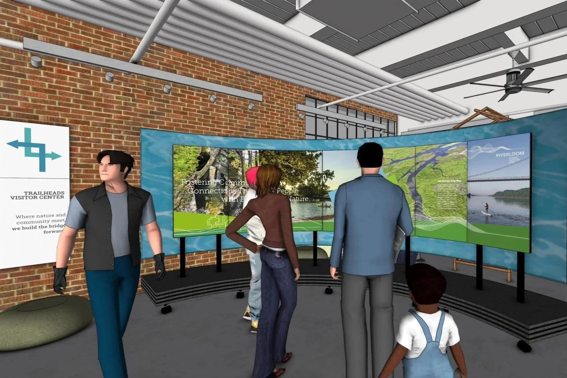 An interactive exhibit with animated characters and multiple display screens showing nature scenes. Several visitors, including children and adults, are engaging with the exhibits.