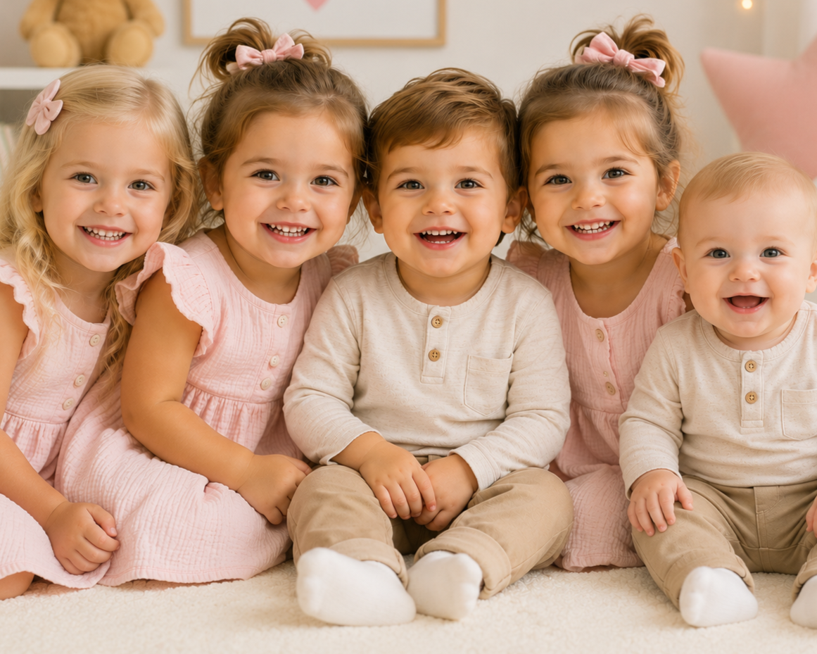 Five young children, three girls and two boys, smiling and sitting on a beige carpet in a cozy room. The girls are wearing pink dresses with matching pink bows in their hair, and the boys are dressed in beige outfits. The children appear happy and are close together, enjoying each other's company.