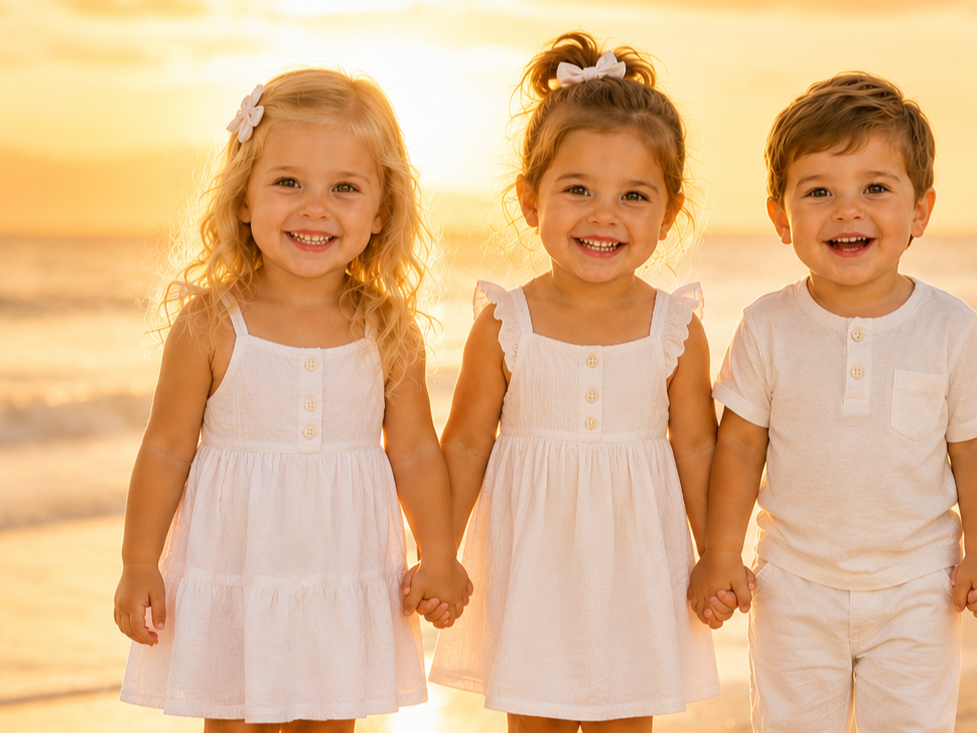Three young children holding hands on a beach at sunset, smiling.