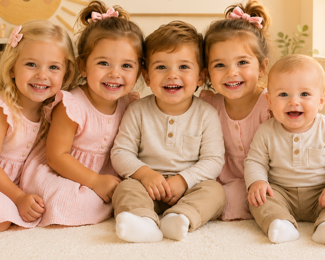 Five young children sitting on a carpet, smiling, dressed in light-colored clothing, with two girls wearing pink dresses with bows in their hair, and two boys in beige shirts and pants.