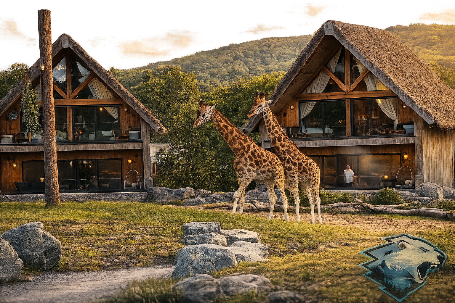 West Midlands Safari Park's luxury Giraffe Lodges overlook the reserve, offering guests spectacular up-close views of giraffes in a unique safari setting.