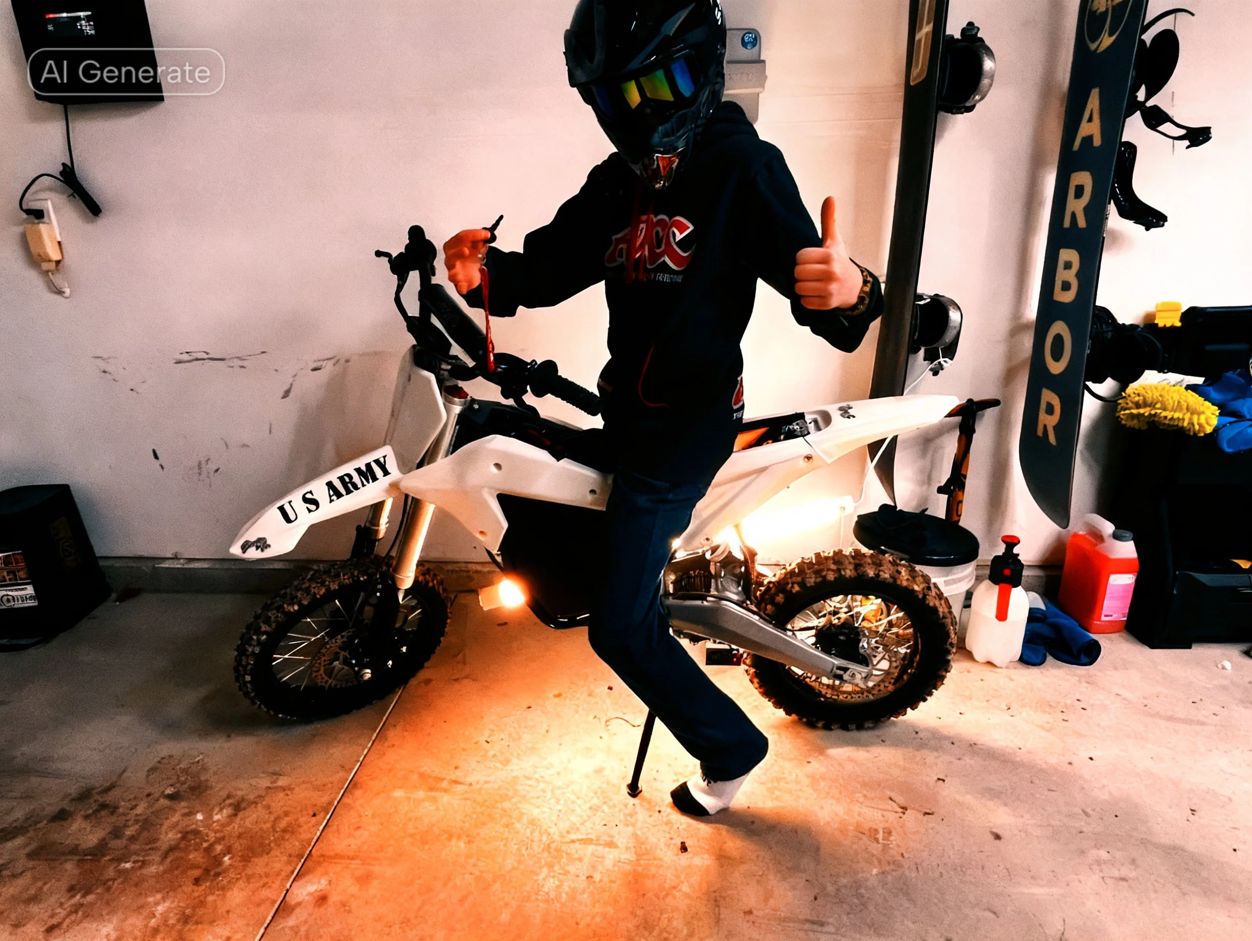 A person in motocross gear, including a helmet and goggles, is standing next to a white dirt bike in a garage. The person is giving a thumbs-up with one hand and holding a small figure with the other. The garage has various tools, parts, and Motocross gear visible, along with a vertical sign with the letters 'ARBOR BODR'.