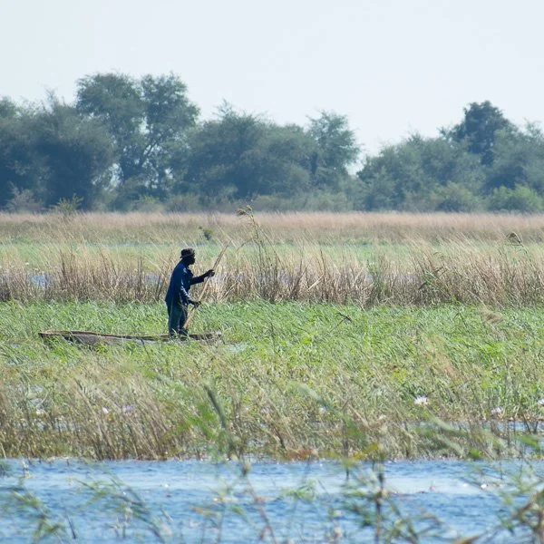 Namibian farmer paddling a small boat along the Chobe River