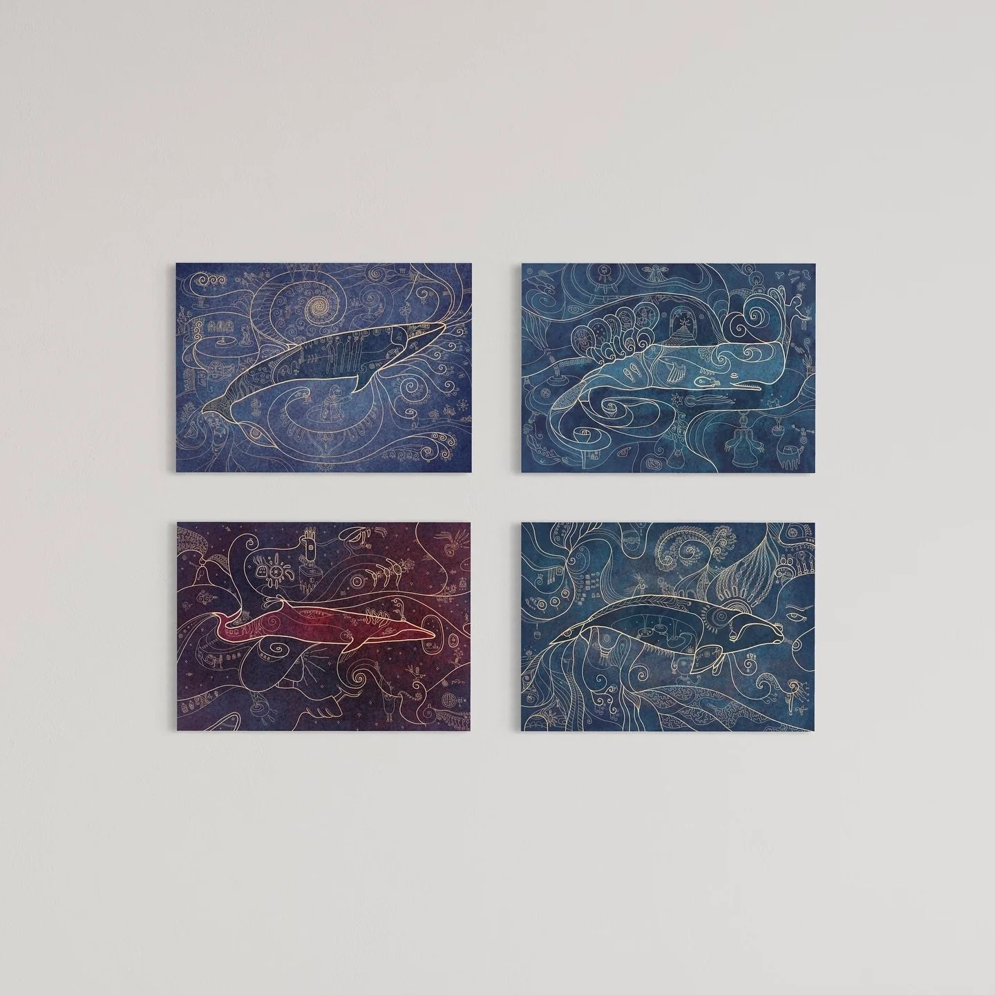 Gicl&eacute;e Prints 4 Whales

This collection of artworks has been inspired by 4 kinds of whales that are currently listed as endangered: the Blue Whale, the Sperm Whale, the North Atlantic Right Whale, and the Sei Whale. The artworks seek to make v