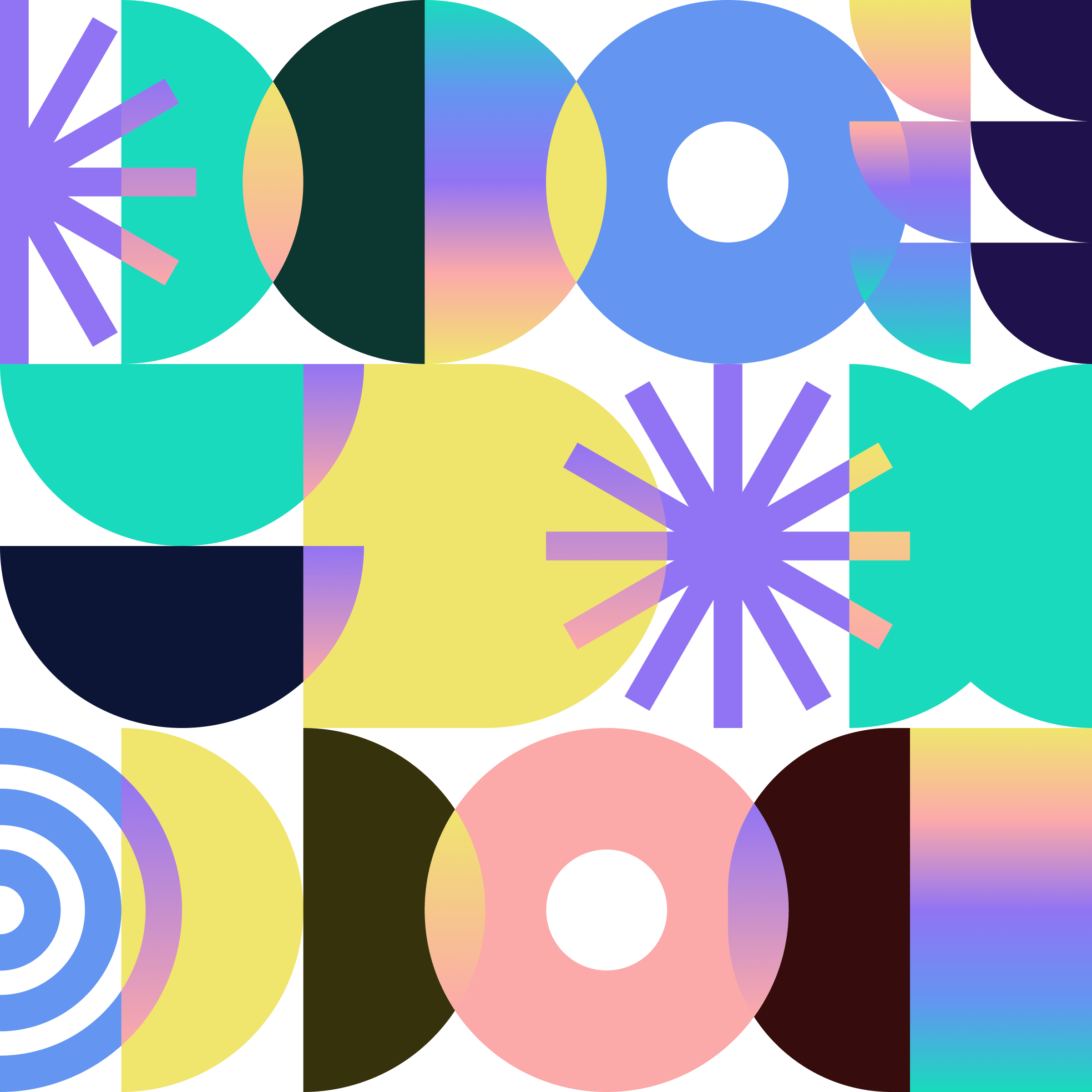 Abstract colorful geometric pattern with circles, lines, and semi-circles in shades of purple, blue, yellow, pink, black, and white.
