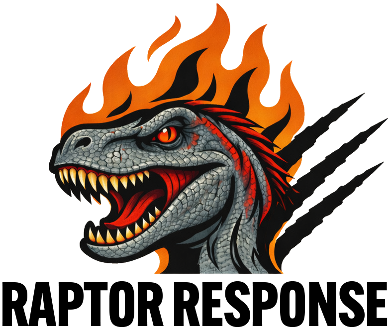 Graphic illustration of a fierce dinosaur head with sharp teeth, red eyes, and gray scales, engulfed in orange and black flames, with five black claw marks in the background. Below is the text "Raptor Response" in bold black letters.