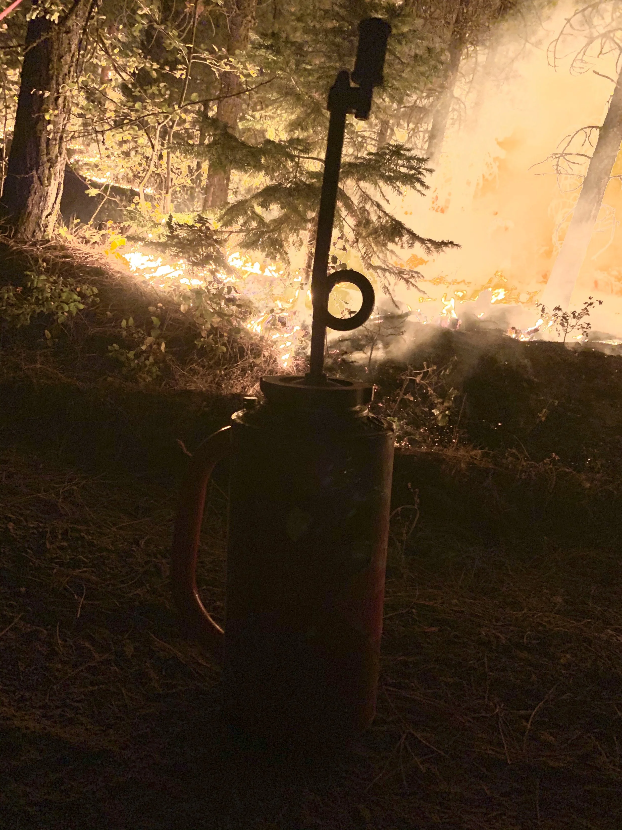 A forest fire burning among trees at night, with flames and smoke visible in the background. In the foreground, a barbecue chimney starter is present.