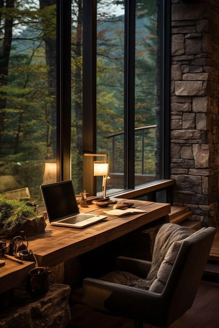 Modern workspace with a desk, laptop, and lamp by a large window overlooking a forested area during dusk.