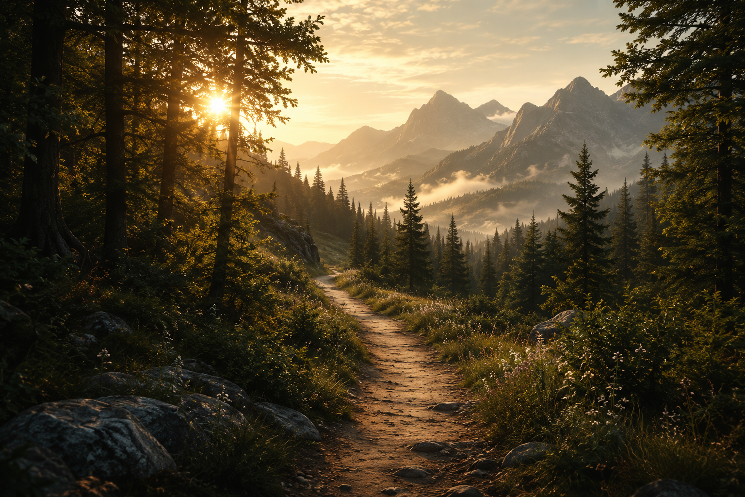 Sunrise over a forest trail in a mountainous landscape with pine trees and mist in the distance.