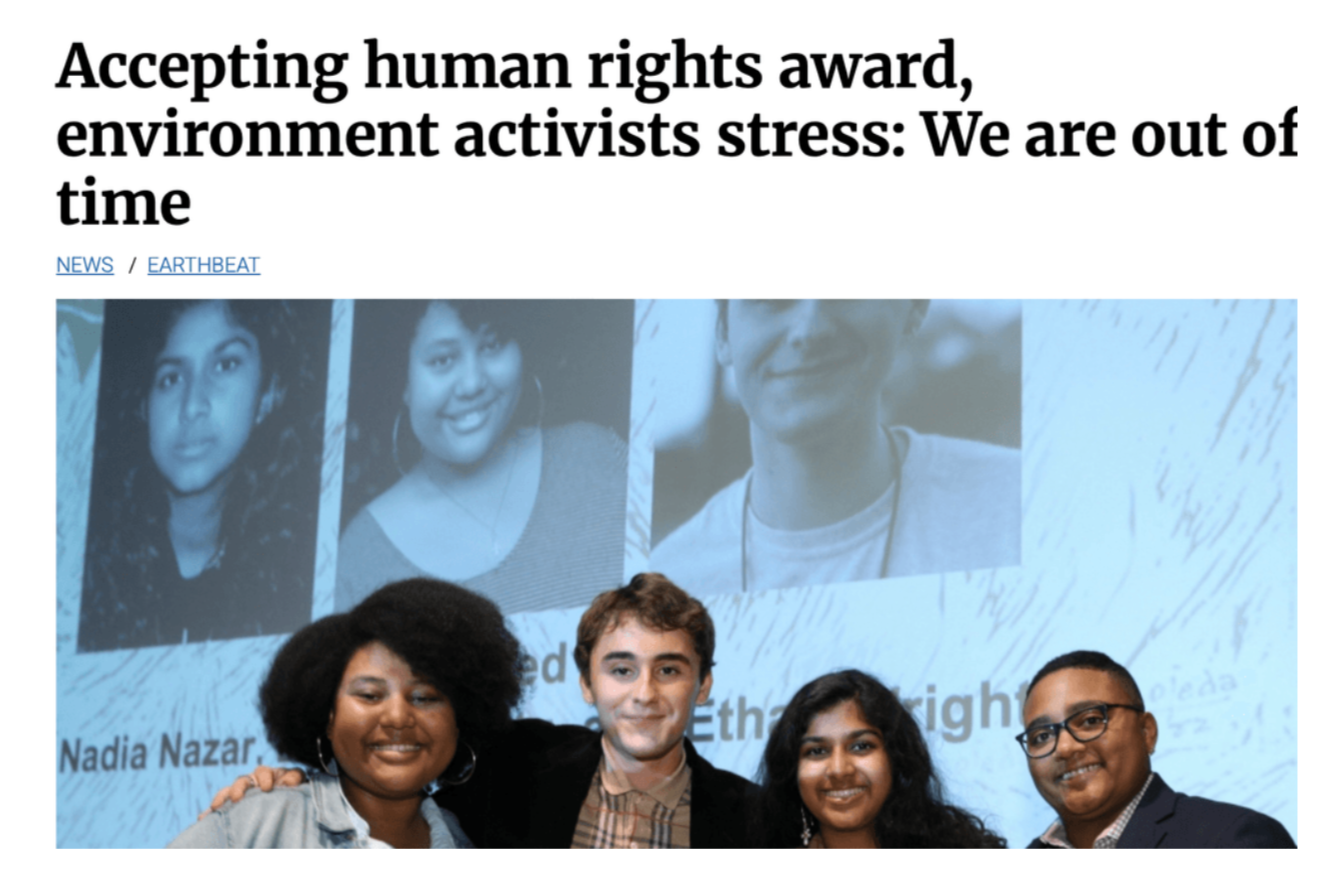 Group of four diverse young adults smiling in front of a news screen displaying photos of three young people's faces and their names, with a headline about enviromental activists.