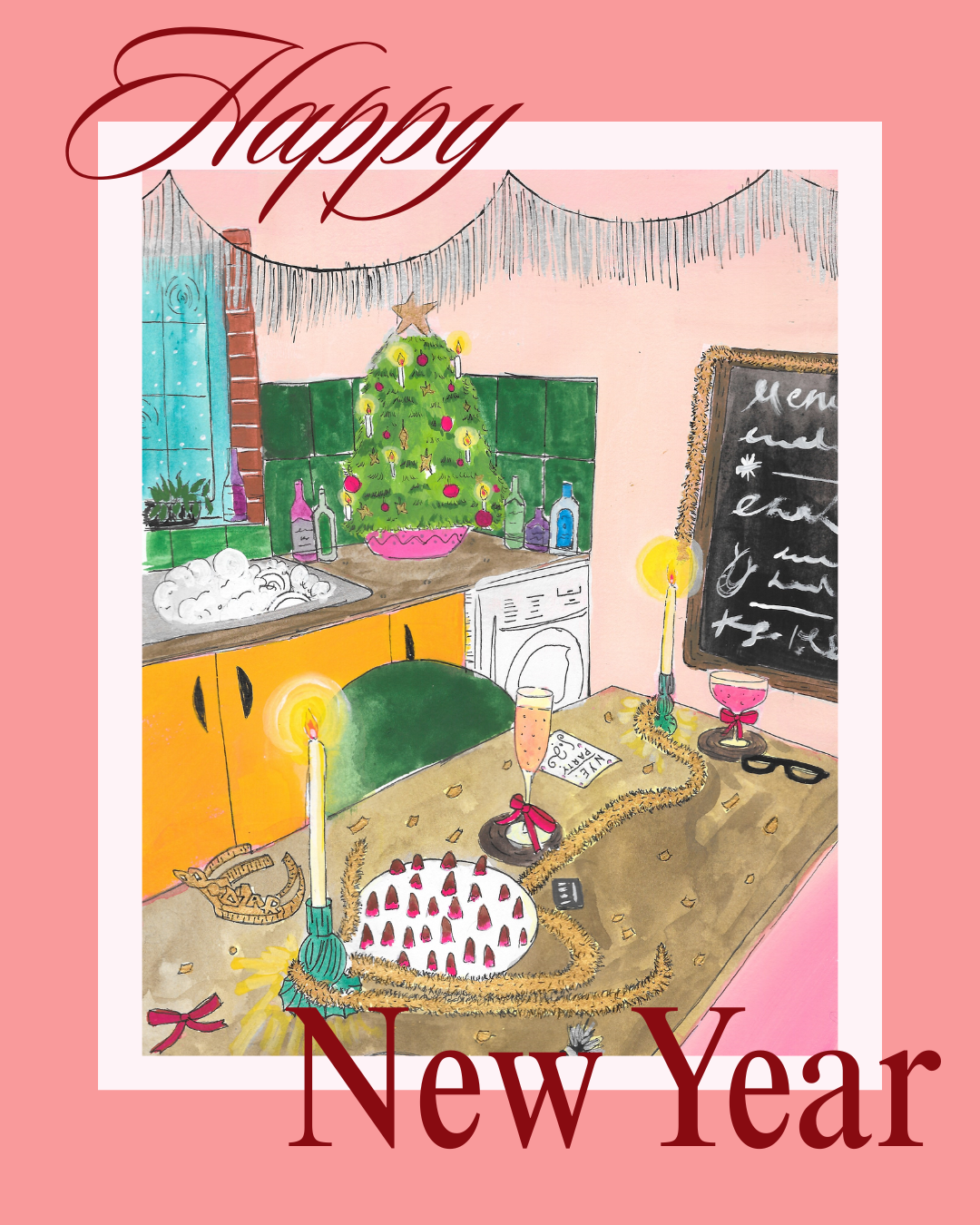 Hand-drawn New Year interior illustration featuring a festive dining table, Christmas tree and cosy home décor.