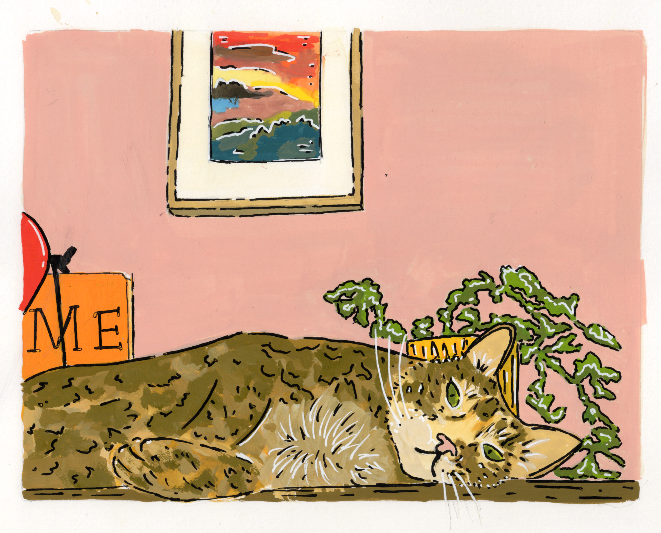 Hand-painted poster of a cat lying on top of a desk, surrounded by plants and bedroom decor