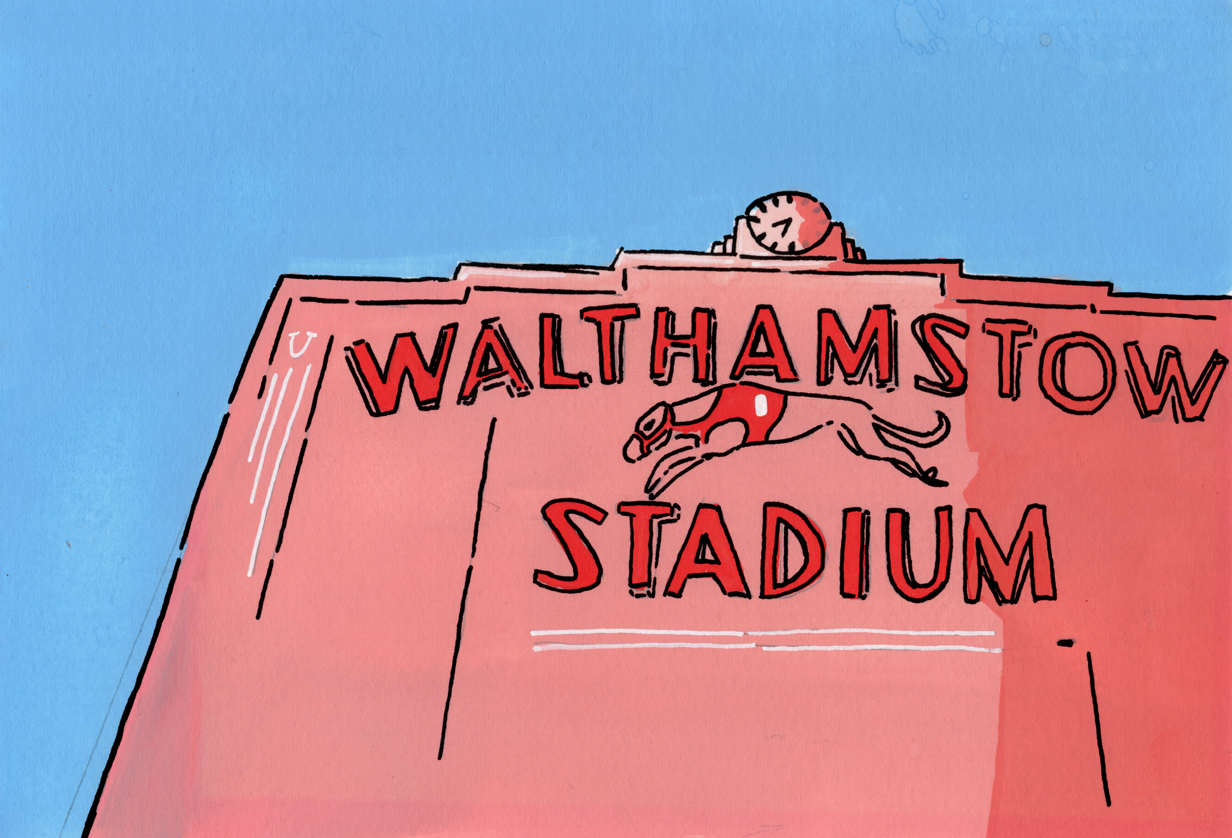 hand-drawn and painted walthamstow stadium in pink colour scheme