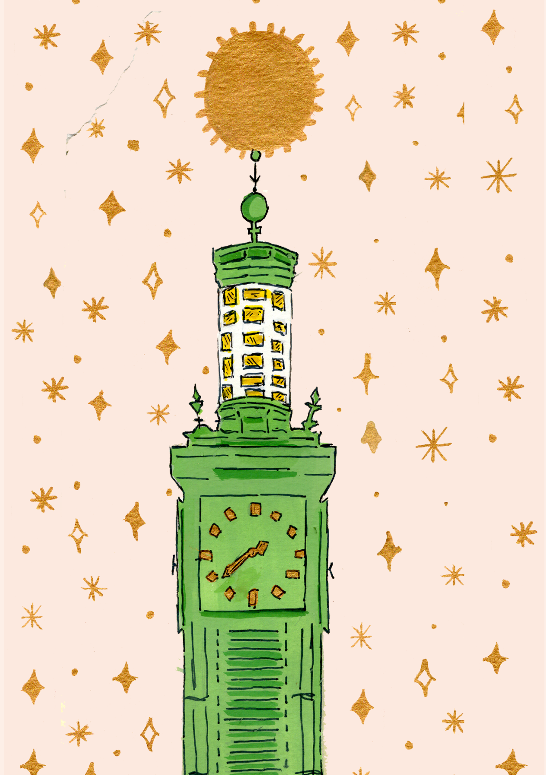 Hand-drawn illustration of Walthamstow clock tower with golden celestial details.