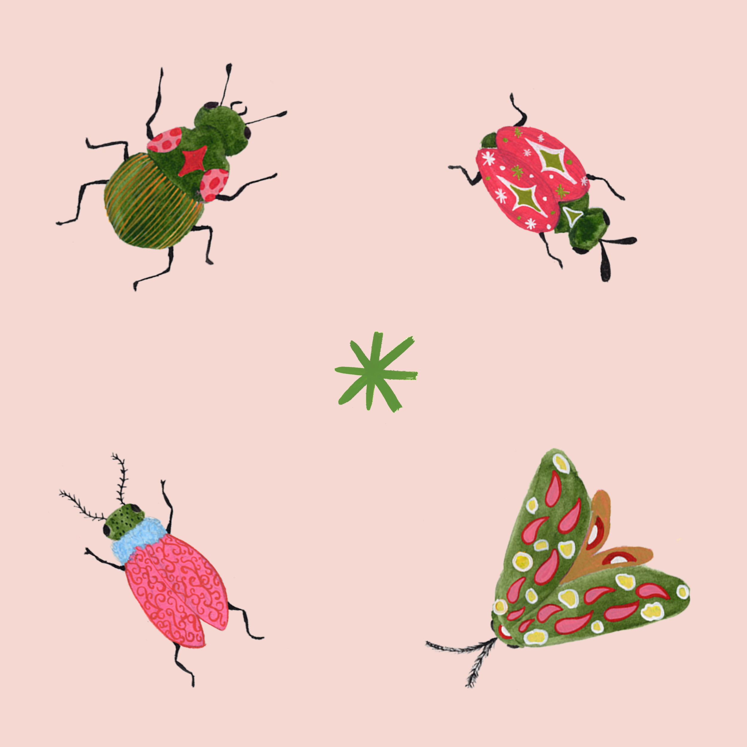A hand-painted illustration of 4 colourful bugs walking in a circle with a green star in the middle against a light pink background