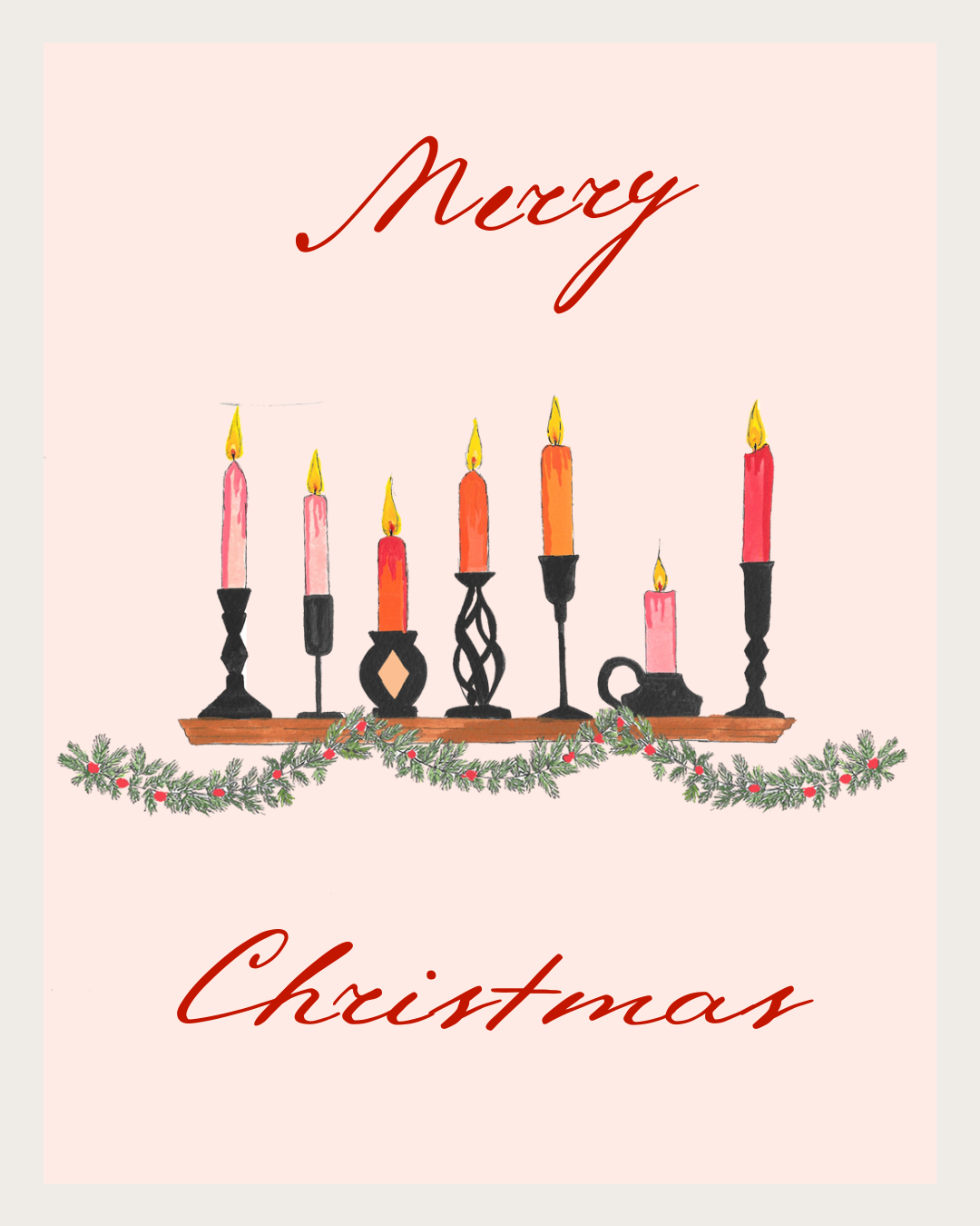 Hand-drawn Christmas card illustration featuring five lit candles and festive greenery.
