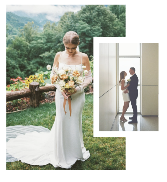 Bride in a white wedding dress holding a bouquet, standing outdoors with green trees and flowers, and a separate image of a couple holding hands and looking at each other inside a building near a large window.