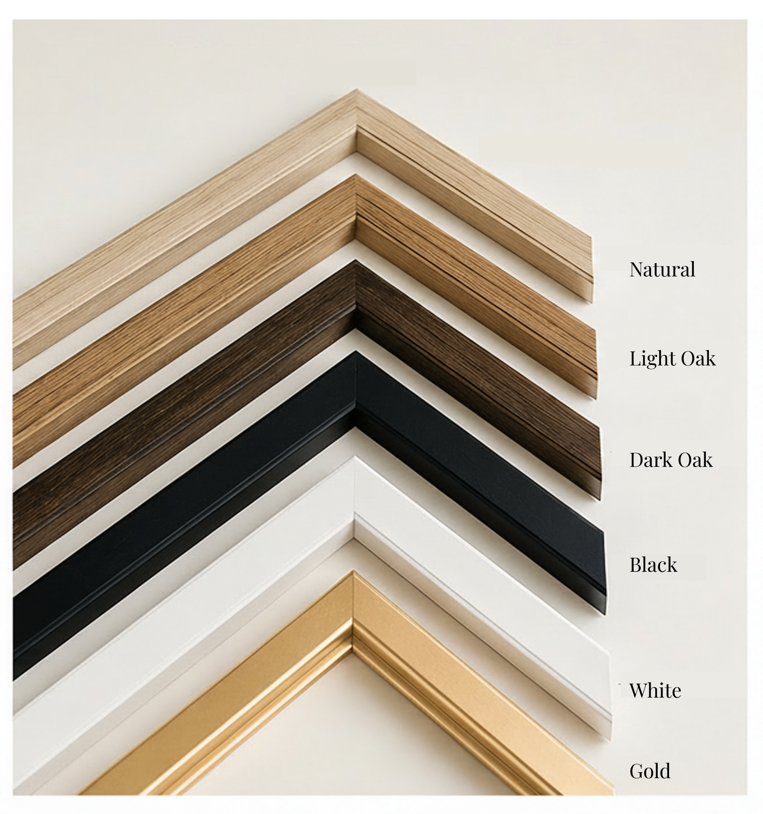 A display of five picture frame corners in different wood and metal finishes, labeled from top to bottom as Natural, Light Oak, Dark Oak, White, and Gold.