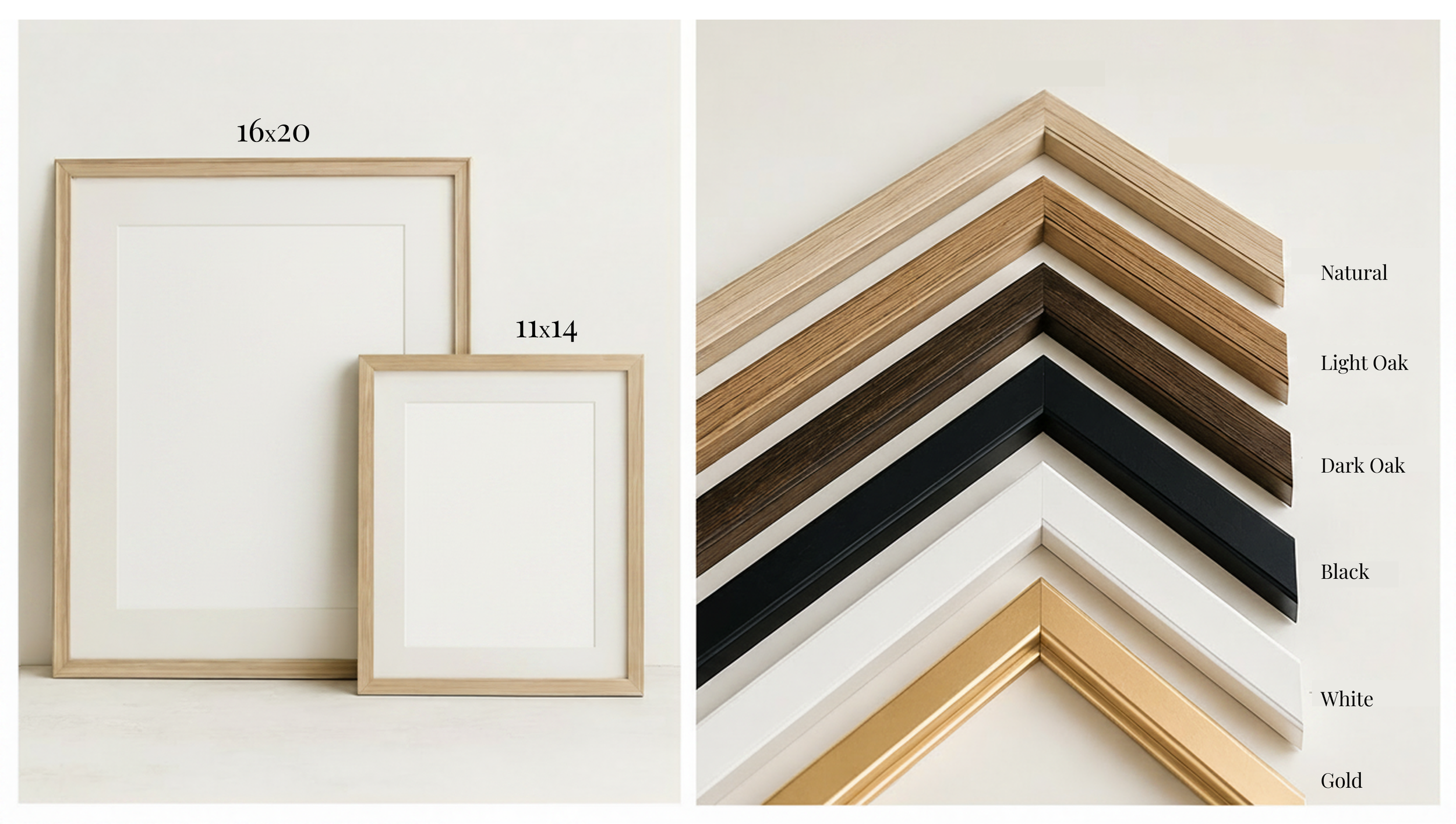 Image displays two sections: on the left, three picture frames in varying sizes (16x20, 11x14, and an unspecified size), with the larger frame in natural wood finish, and the others in white. On the right, a selection of picture frame moldings in various finishes labeled from top to bottom as Natural, Light Oak, Dark Oak, Black, and Gold.