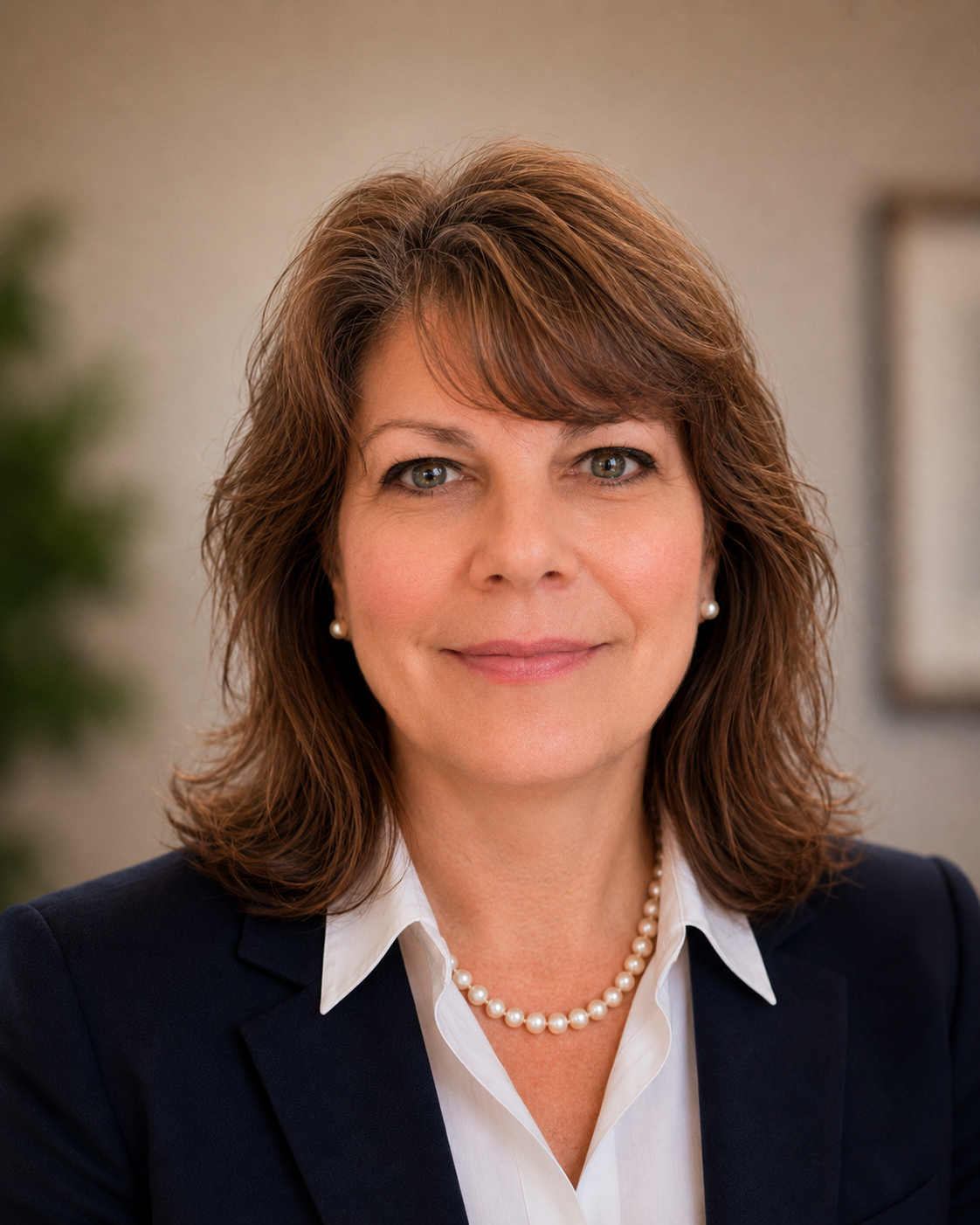 A woman with shoulder-length brown hair wearing a dark blazer, white shirt, pearl necklace, and pearl earrings, smiling at the camera in an office setting.