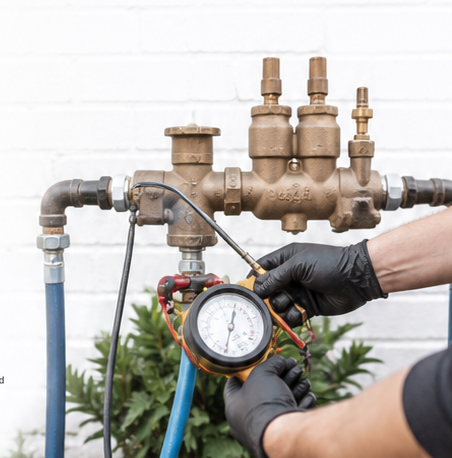 Person wearing black gloves checking a pressure gauge on a plumbing pipe system