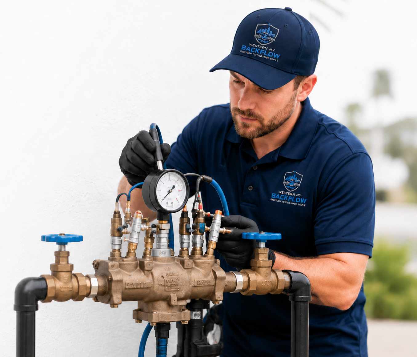 A male technician wearing a navy blue cap and polo shirt with 'Western NY Backflow' logo working on a backflow test device with gauges and brass pipes