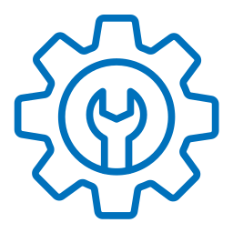 Blue outline gear with a wrench and screwdriver crossed inside
