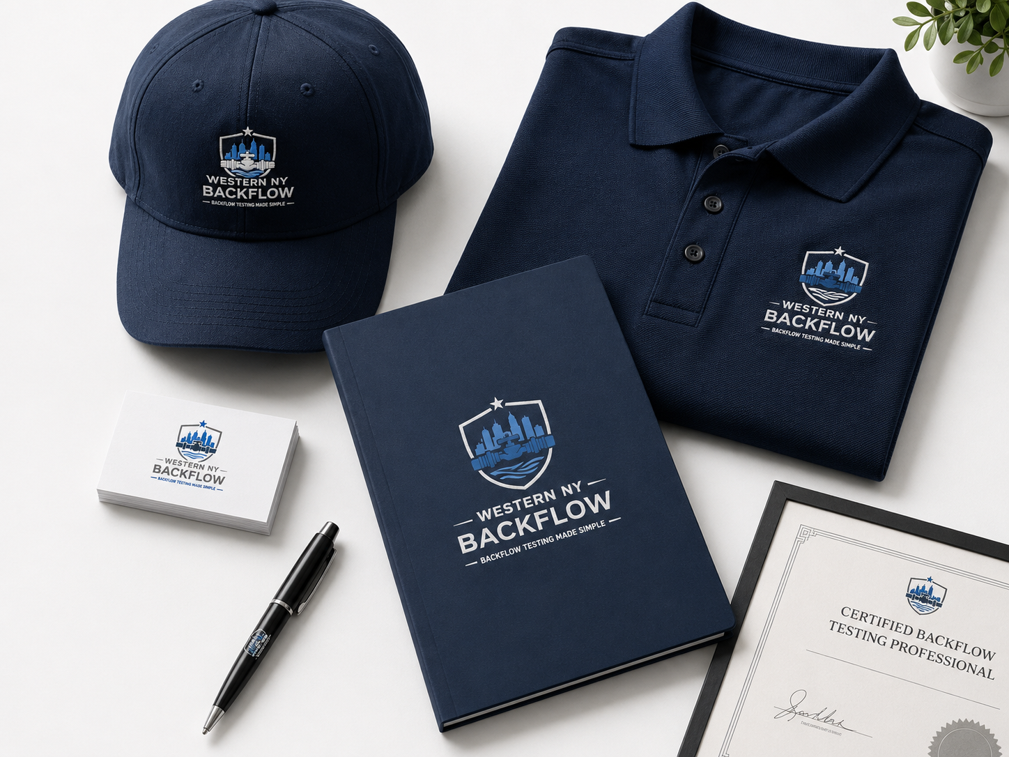 Business branding materials for Western NY Backflow, including a navy baseball cap, folded navy polo shirt with logo, navy notebook with logo, small stack of white business cards with logo, black pen with logo, and a framed certification certificate.
