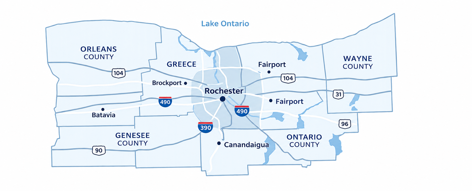 Map of Rochester, New York, and surrounding counties including Orleans, Wayne, Genesee, Monroe, and Ontario, showing major highways such as I-490, I-390, and US routes, with lakes and city locations marked.