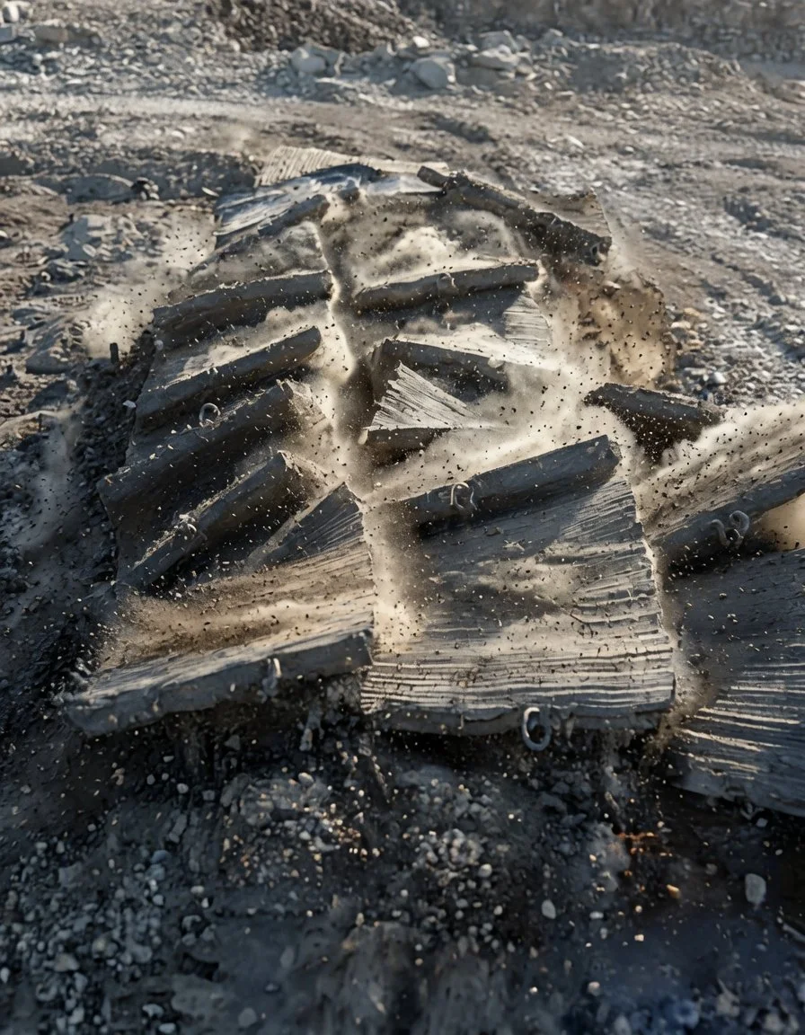 Blasting Mats in use, for a drilling and blasting project where rock is blown up using explosives and blast mats are used to contain the explosion.