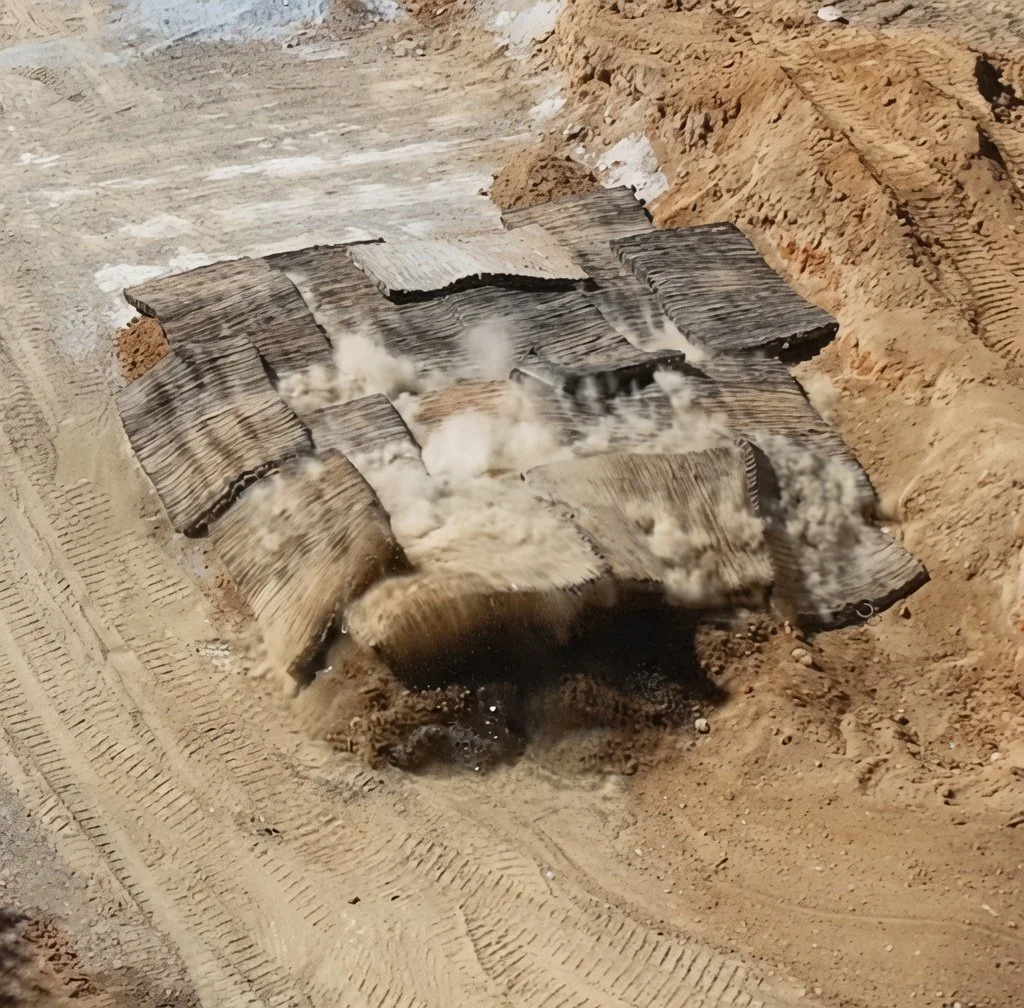A construction site shows sand and dirt with metallic sheets arranged to control water flow. Tire tracks are visible in the sand, and water is flowing under the sheets, creating a small cascade.