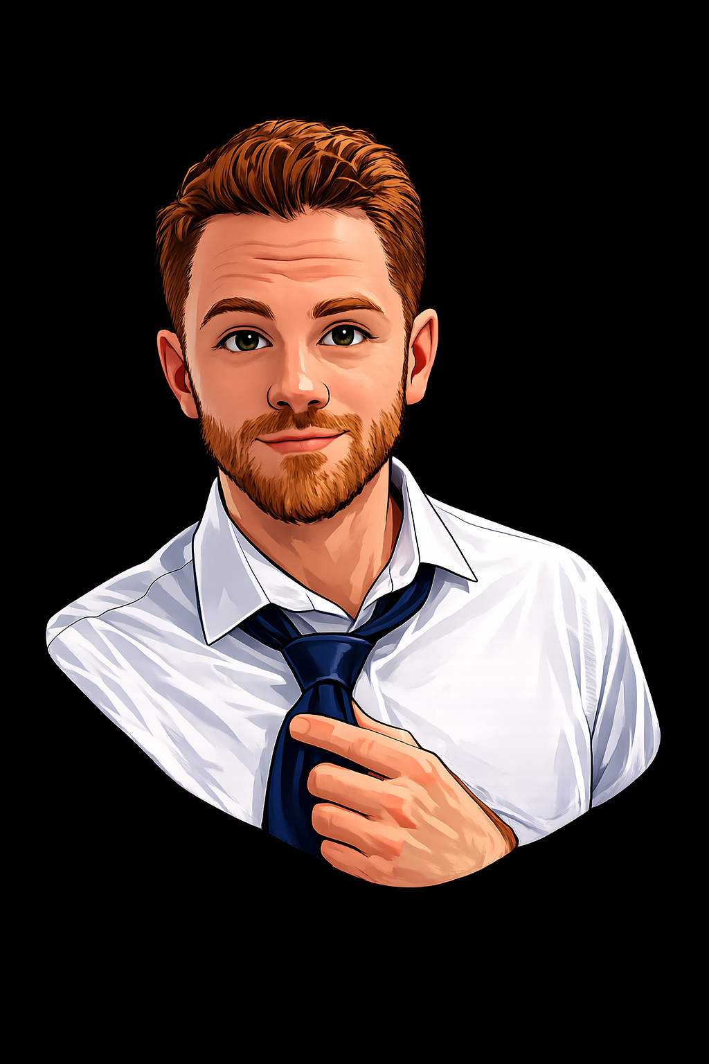 Illustration of a young man with ginger hair and beard, wearing a white shirt and dark tie, adjusting his tie with a confident expression, against a black background.