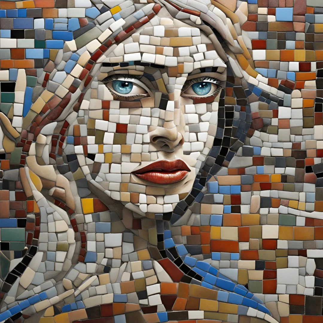 Mosaic portrait artwork illustrating the James Hollis quote about individuality within the mosaic of being