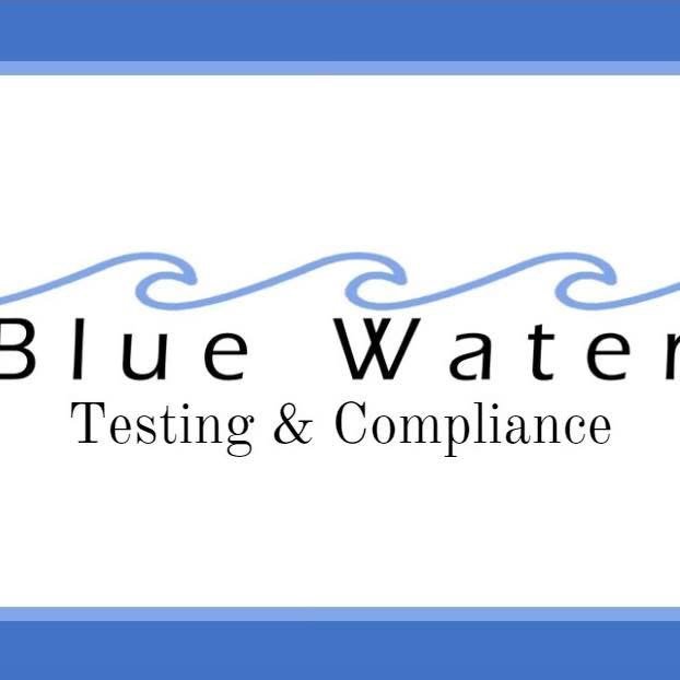 A logo for Blue Water Testing & Compliance featuring a blue wave design above the company name in black text on a white background.