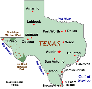 Map of Texas showing major cities including Amarillo, Lubbock, Midland, El Paso, Odessa, Fort Worth, Dallas, Waco, Austin, Houston, San Antonio, Laredo, Brownsville, and Galveston. Features include the Rio Grande river, Guadalupe Mountains National Park, Big Bend National Park, and the Gulf of Mexico.