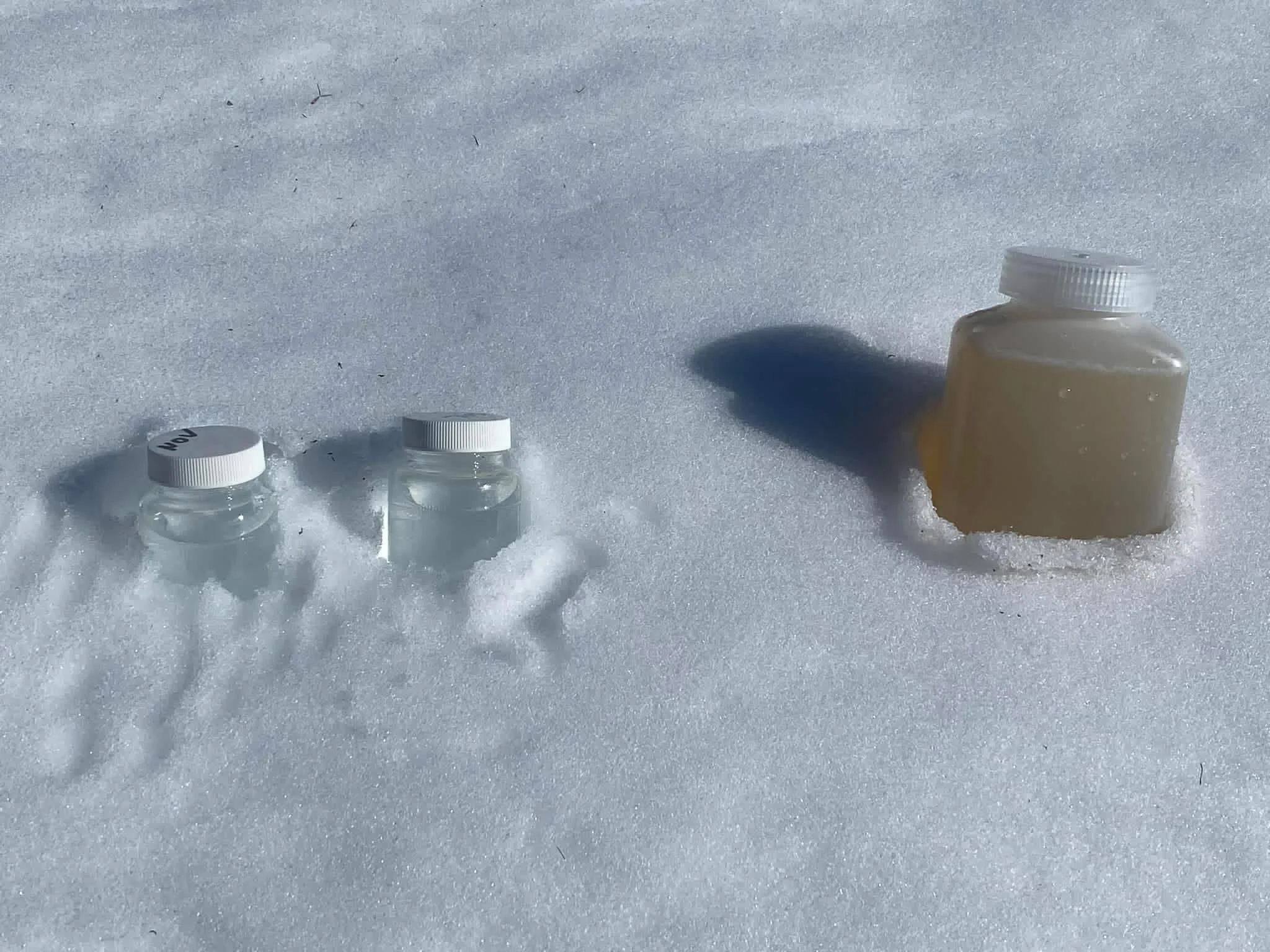 Three small glass bottles with white caps and a plastic bottle with a white cap, all containing pills or medication, placed on snow.