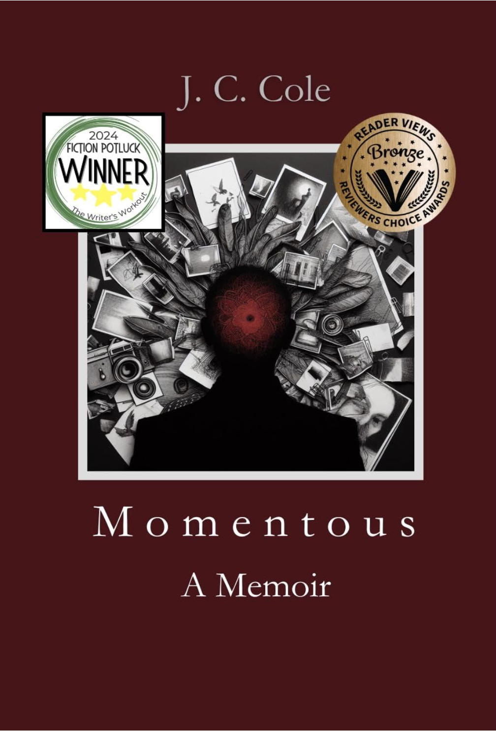 The book cover for 'Momentous: A Memoir' by J. C. Cole features a silhouette of a person with a red, neural network-like pattern in the head, surrounded by a collage of black and white photographs and images. The cover includes a reader review badge indicating a bronze award and a sticker noting the book as a 2024 fiction potluck winner.