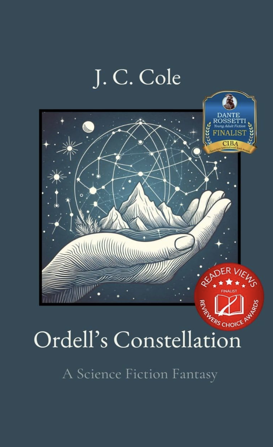 Cover of a science fiction fantasy book titled "Ordell's Constellation" by J.C. Cole. The cover features a hand holding a mountain landscape with a starry sky, mountains, and celestial lines connecting stars.
