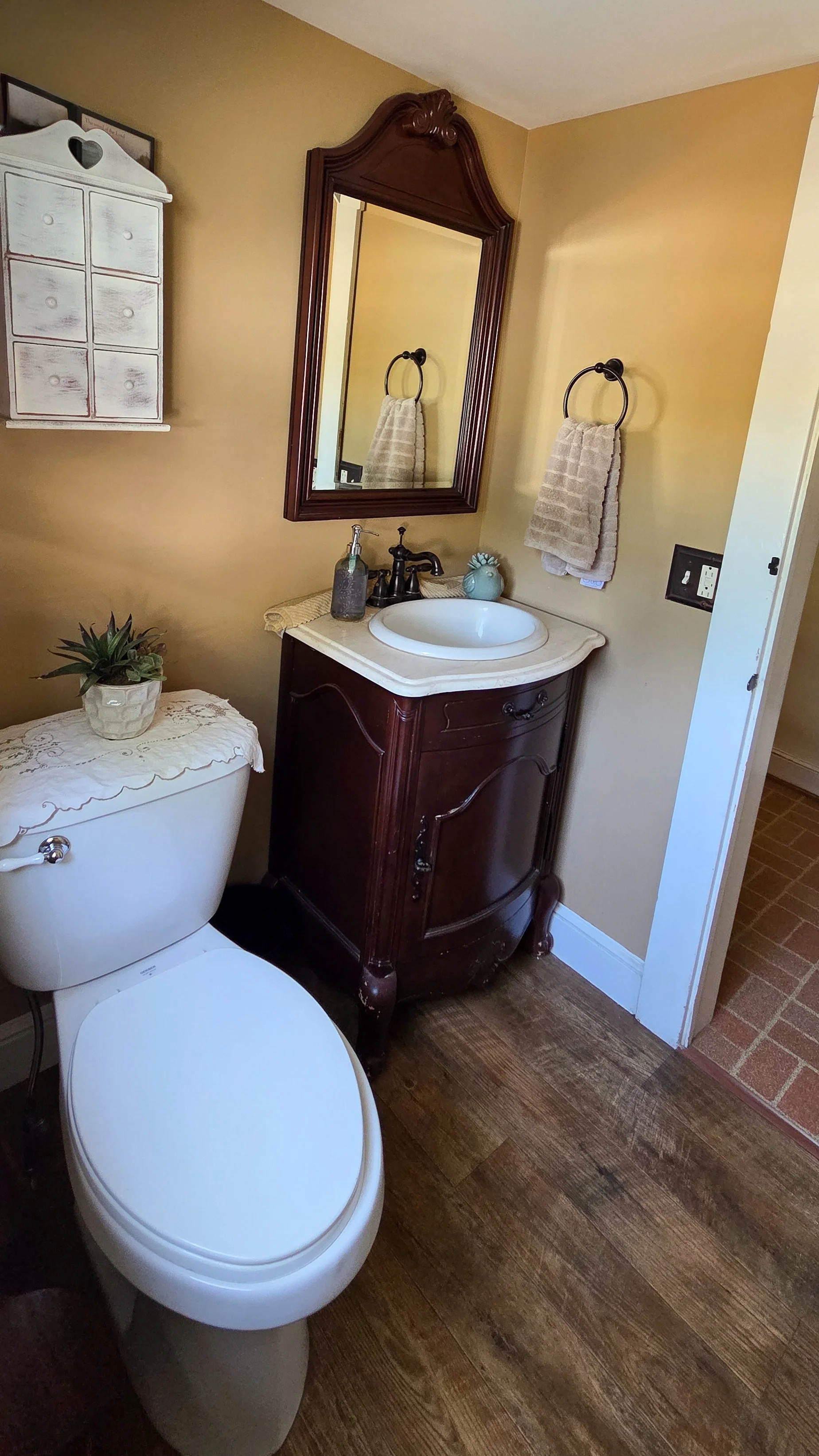 A small bathroom with a white toilet, a dark wood vanity with a sink, a mirror, a towel ring with a beige towel, a small decorative plant, and a white wall cabinet.