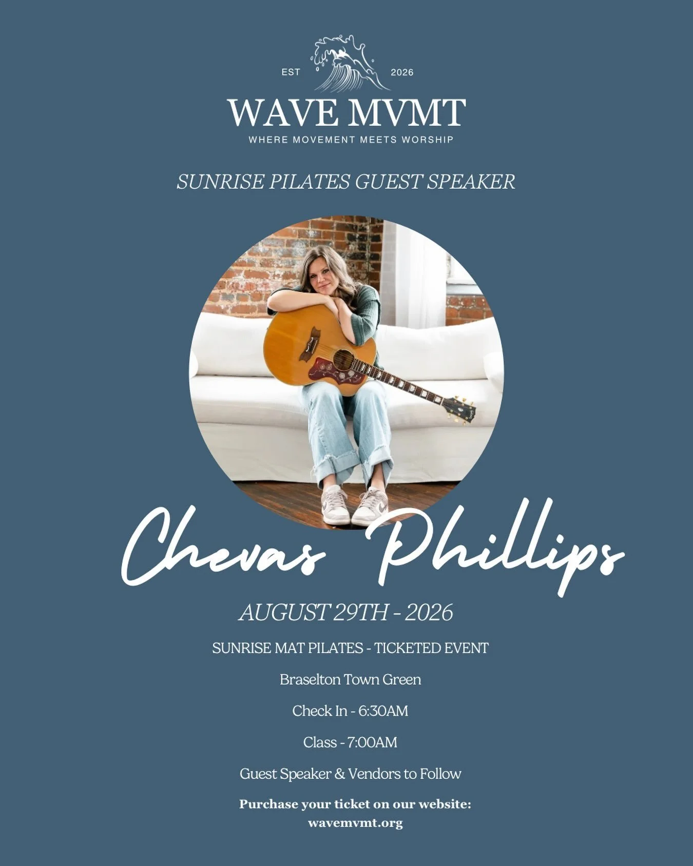 We are so excited to announce our guest speaker for our August 29th sunrise event, Chevas Phillips! 🌊🤍Purchase your ticket at our website: wavemvmt.org 

Link in bio! 

#sunrisepilates #matpilates #pilateshoschton #christian #fyp