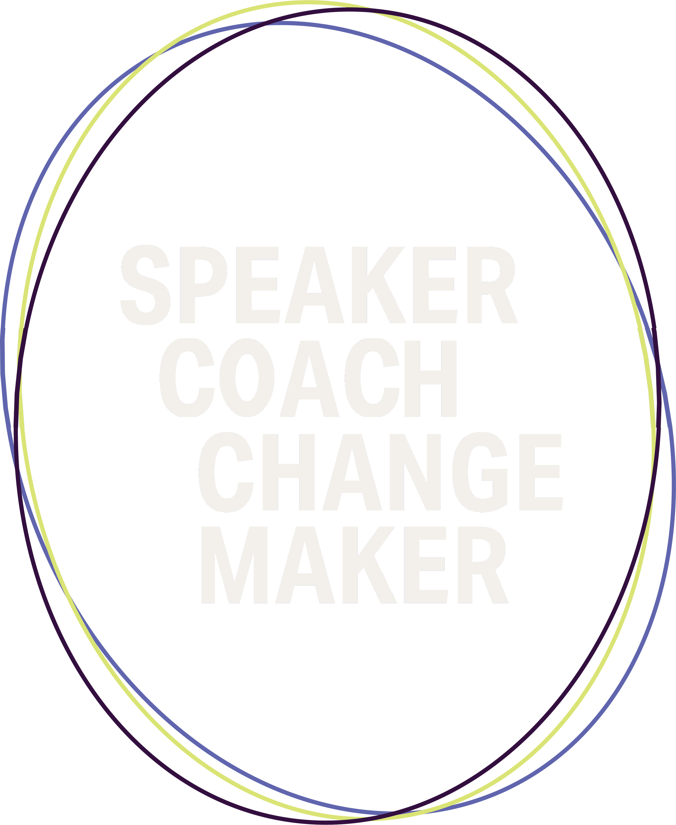 Text saying 'Speaker Coach Change Maker' inside a black circle with multiple colorful outline rings.