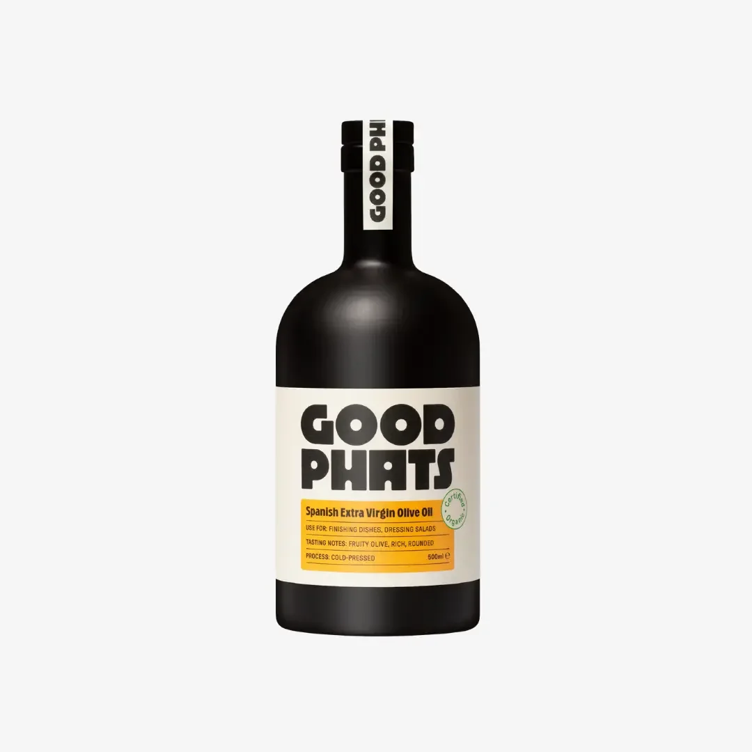 Good Phats Extra Virgin Olive Oil in a blag glass jar with white label