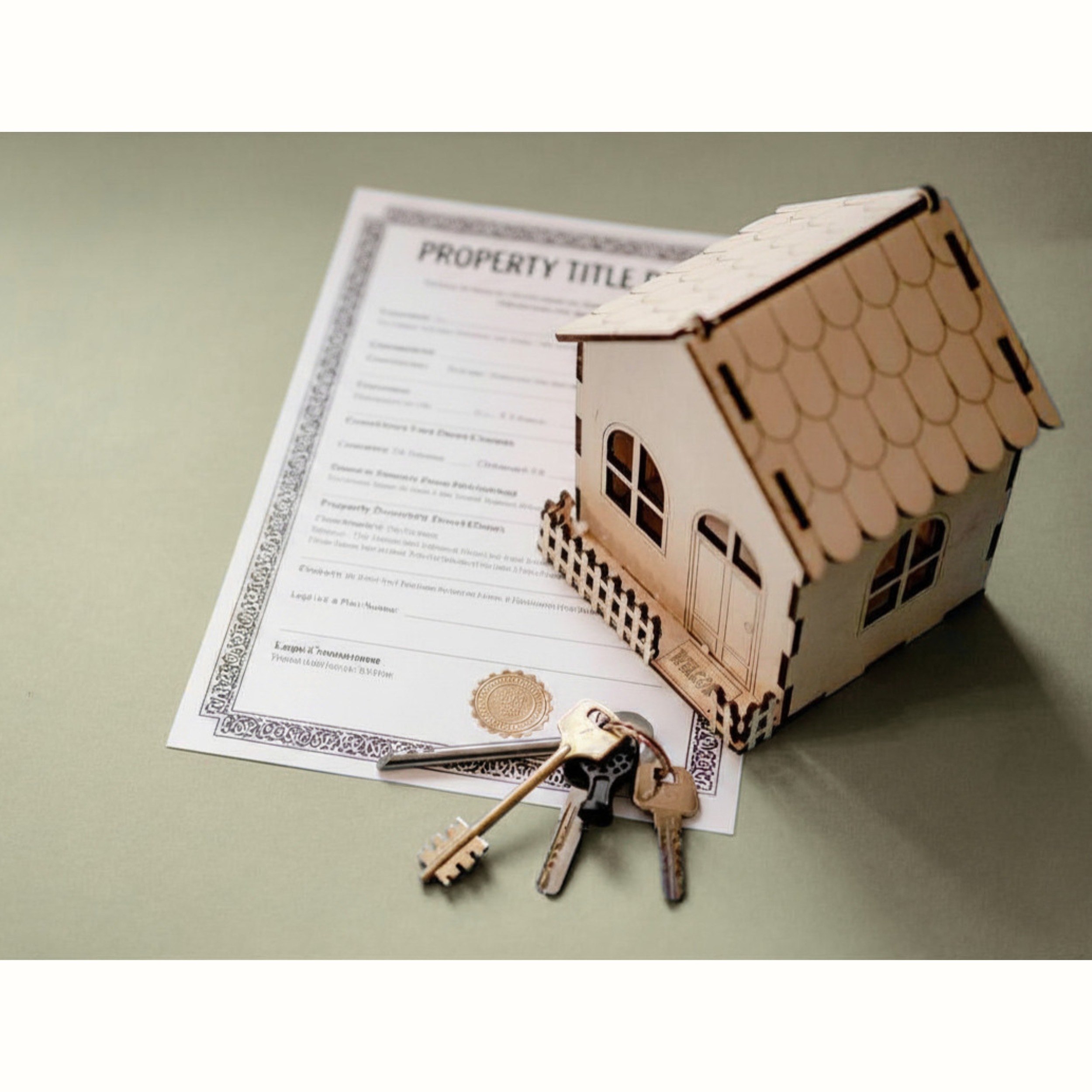 Miniature wooden house model with a property deed document in the background.