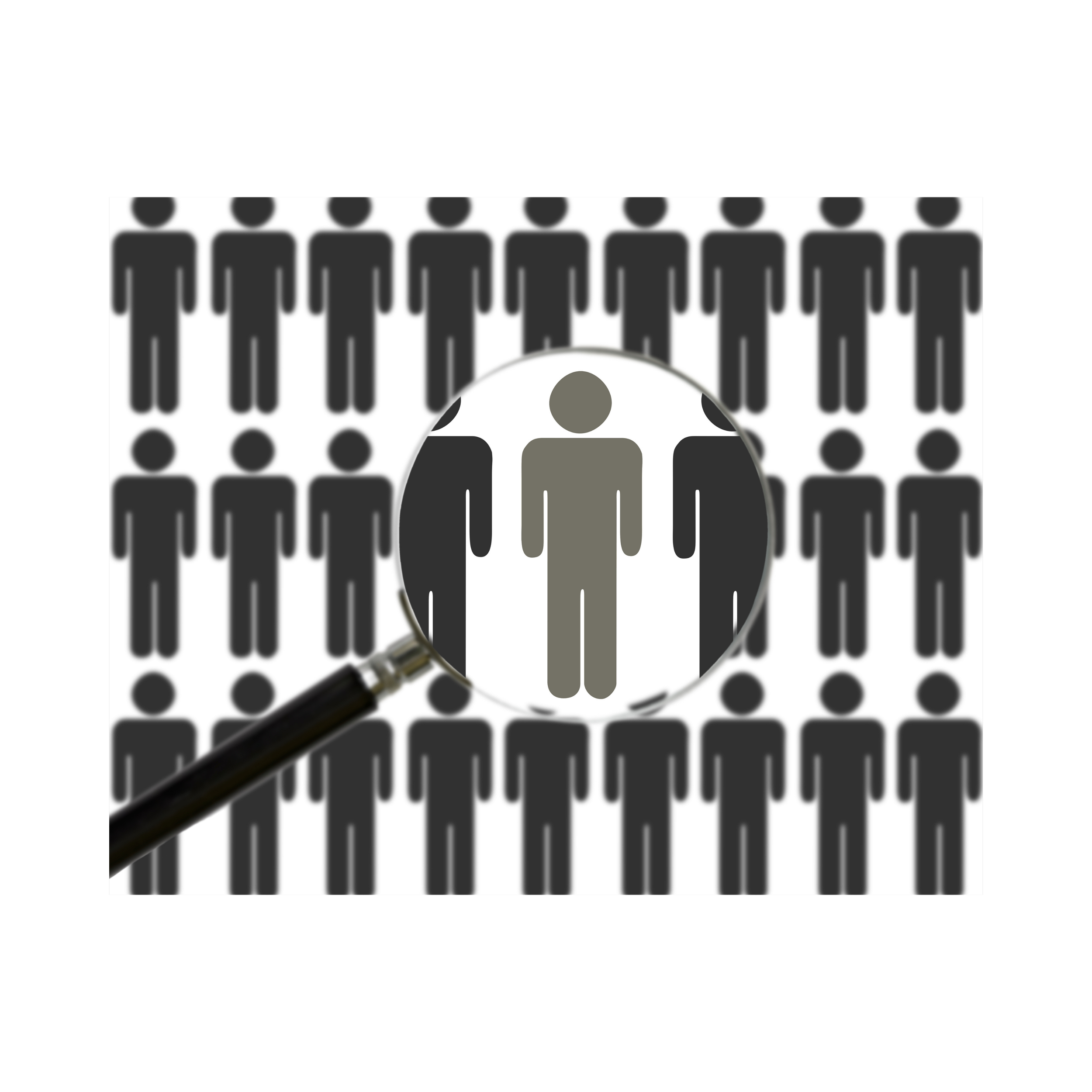 A magnifying glass focusing on one human figure among many black icons of people on a patterned background